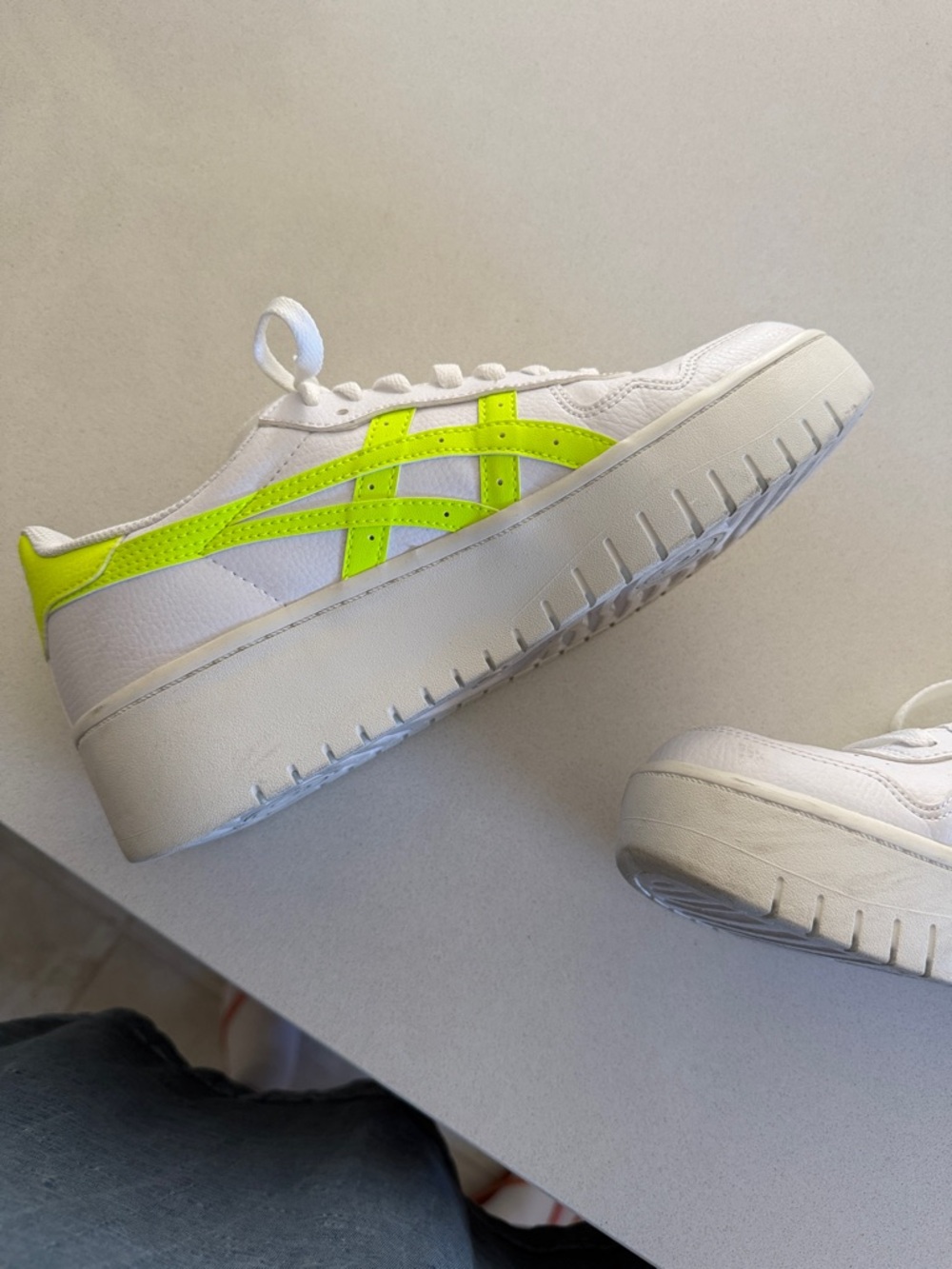 Asics White chunky Sneakers with Neon Yellow Accents.Used only one time. - Picture 5 of 11